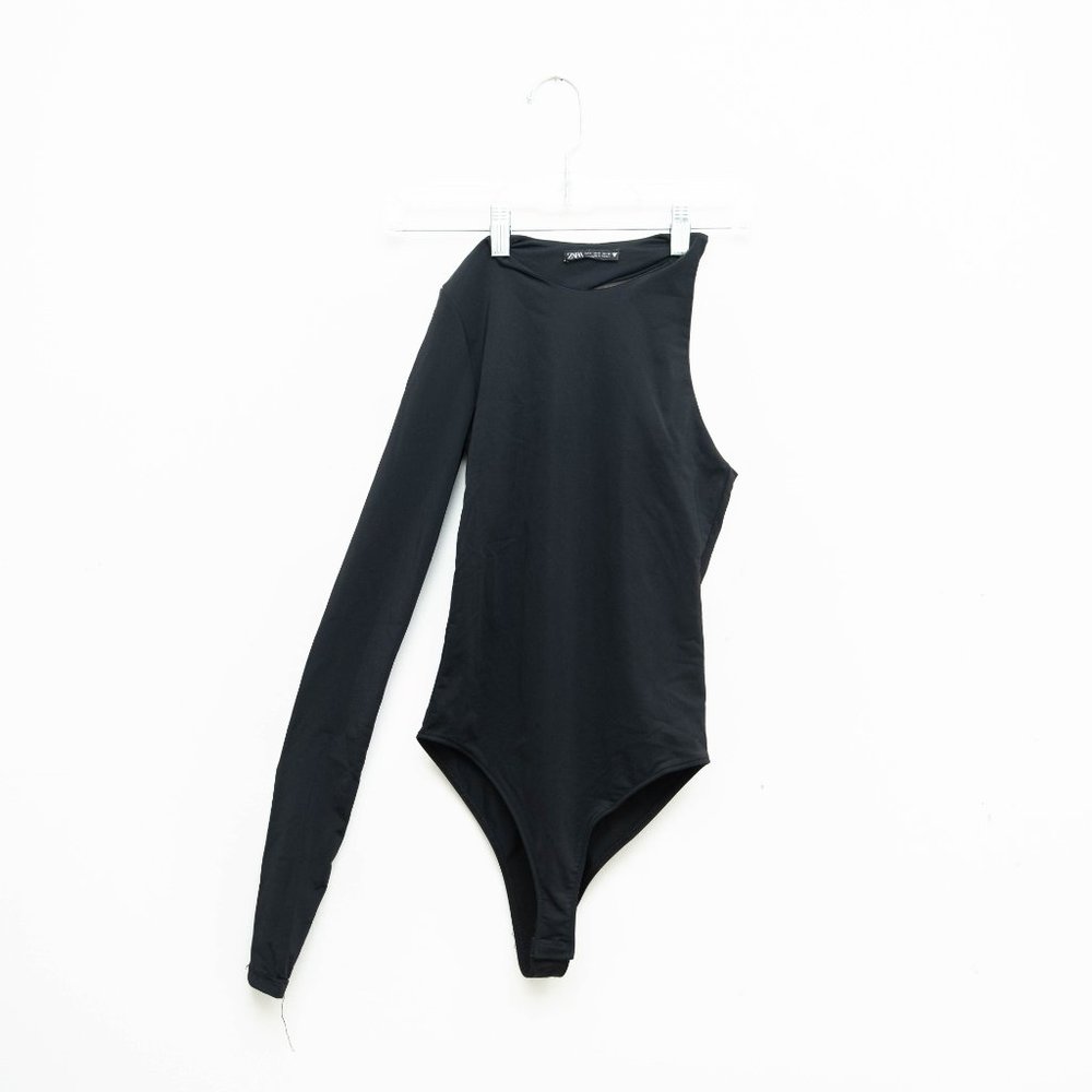 Zara Black Asymmetrical Stretchy Bodysuit Top - Picture 3 of 9